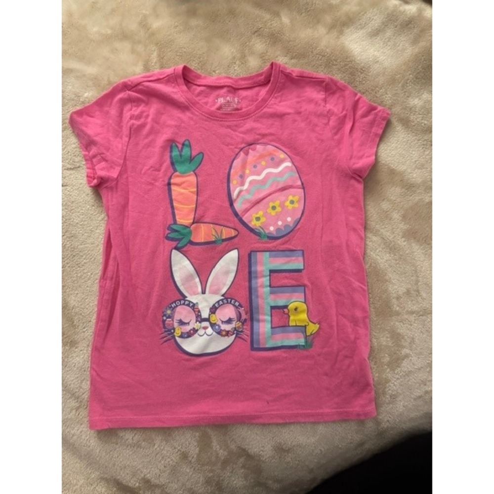 The Childrens Place Girls Pink Easter LOVE‎ Graphic T Shirt SZ M 7/8 Bunny (D)